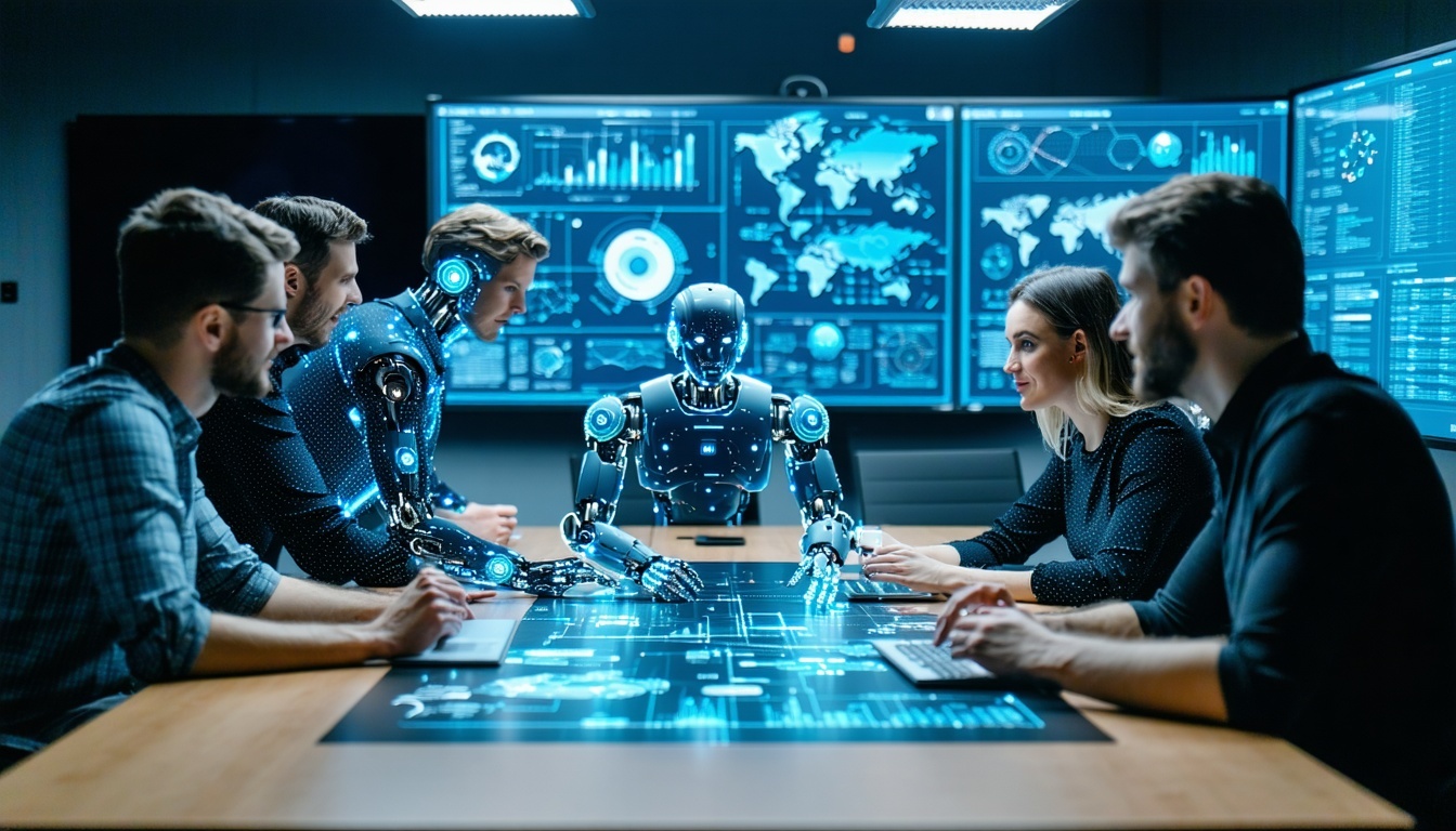 Team collaborating on AI implementation strategies