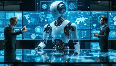 Business professionals collaborating with AI technology to optimize processes