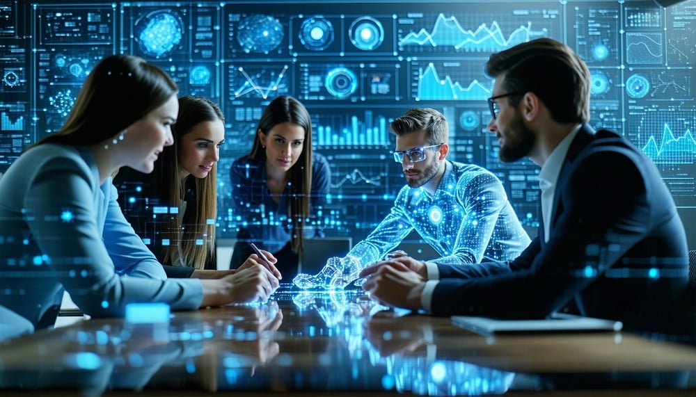 Business team collaborating on AI implementation